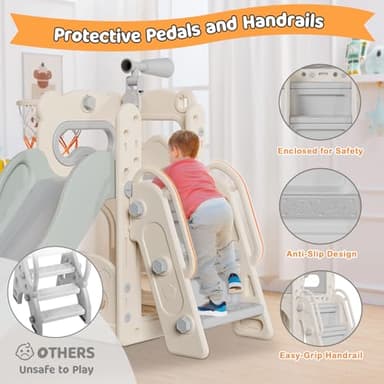 Babytronic Toddler Slide, 6 in 1 Kids Indoor Slide for Toddlers 1-3, Kids Playground for Indoor Outdoor with Basketball Hoop and Telescope, Indoor Outdoor Slide Playset (White&Gray) - Image 4