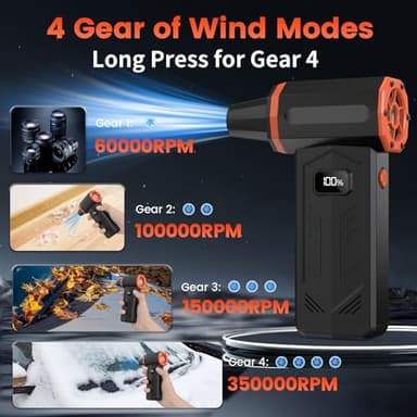 Compressed Air Duster,350,000RPM Turbo Jet Blower with LED Display and Light,4-Gear Adjustable Mini Air Broom,Electric Air Duster for Keyboard,PC,Car and Home,Replace Compressed Air Can (Orange) - Image 2