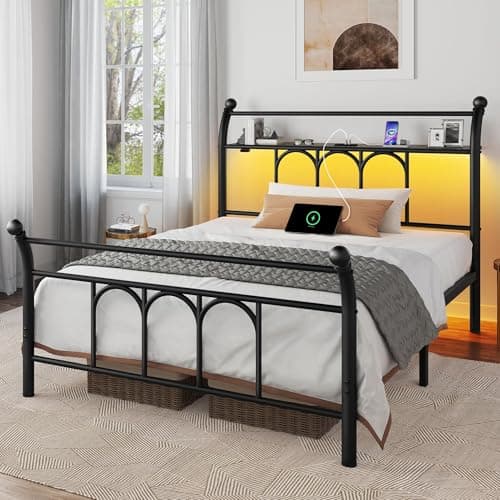 Rolanstar Twin Bed Frame with USB Charging Station, LED Bed Frame with Storage Headboard, Black Metal Platform Bed with Sleigh Headboard and Footboard, No Box Spring Needed, Noise Free - Image 1