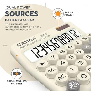 CATIGA Mechanical Switch Calculator with Solar and Battery Dual Power, 12-Digit Large LCD Display, Aesthetic and Cute Desktop Calculator with Big Button, for Home, School and Office Use, SD-1299 - Image 4