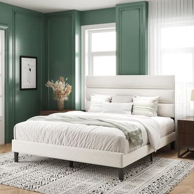 Acurax Queen Size Bed Frame with Velvet Upholstered Headboard, Beige Platform Bed Frame with Metal Support, Upholstered Mattress Foundation, No Box Spring Needed, Noise Free, Easy Assembly, White - Image 3