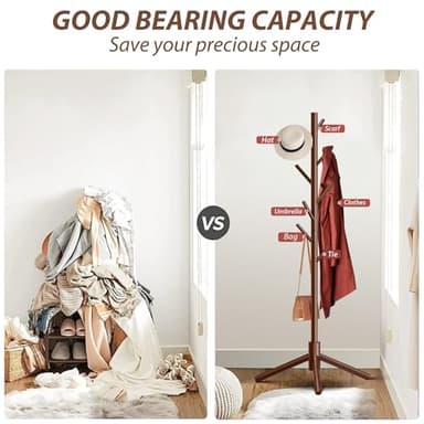 Unisakey Durable Wooden Coat Rack, Freestanding Coat Rack with Stable Triangular Base, 8 Hooks & 3 Adjustable Heights, Simple Assembly for Bedroom, Hallway, Office(New Brown) - Image 8