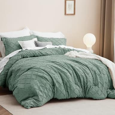 Bedsure Full Comforter Set - Green Comforter, Boho Tufted Shabby Chic Bedding for Kids, 3 Pieces Vintage Farmhouse Bed Set for All Seasons, Fluffy Soft Bedding with 2 Pillow Shams - Image 2