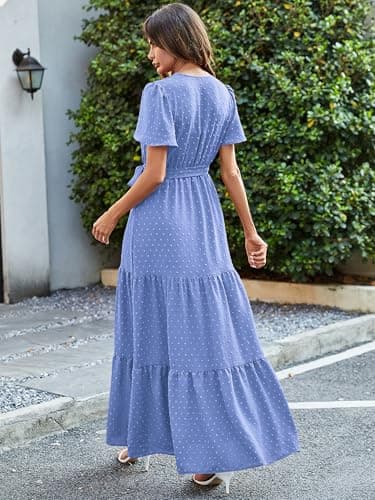 MASCOMODA Women Boho Swiss Dot Maxi Dresses Wrap V Neck Flutter Short Sleeve Solid Tie Waist A Line Tiered Flowy Long Dress(Light Blue,Small) - Image 5