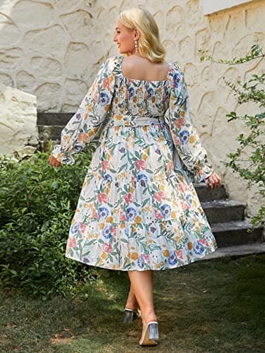 Amegoya Women's Bohemian Plus Size Spring Floral Midi Dress Long Sleeve Smocked Square Neck Dress X-Large Print - Image 4