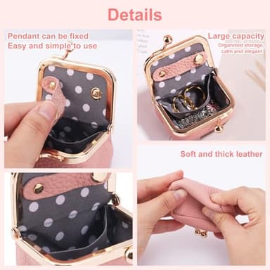 Genuine Leather Mini Jewelry Box, Mini Jewelry Travel Case, Small Portable Organizer Storage Pouch, Coin Purse with Kiss Lock for Ring Necklace Earrings Bracelet Perfect Gift for Women Girls (Pink) - Image 6