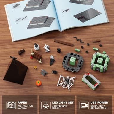 iATOM Haunted House Building Set with Lights, Halloween Mansion Building Toy Compatible with Lego for Adults, Horror Village Town Architecture Include Pumpkin Skeleton Spooky Bat Cat, F-C9987 - Image 6