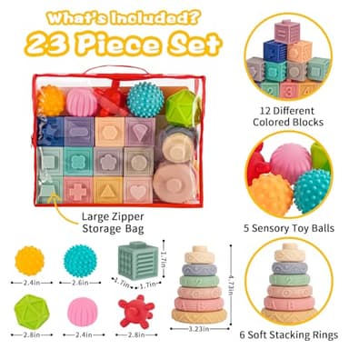SpringFlower 3 in 1 Montessori Toys for Babies 0-3-6-12 Months, Soft Baby Teething, Stacking Building Blocks for Infants, Sensory Developmental Education Toys for Toddler Baby 12-18 Months,23 PCS - Image 2