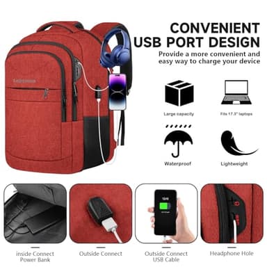 Lapsouno Large Backpack, Travel Laptop Backpack, Carry on Backpack, Sturdy 17 Inch TSA Friendly with USB Port, Water Resistant College School Bag Gifts for Men Women, Wine Red - Image 3