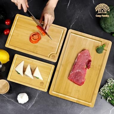 Cosy Family Wood Cutting Boards for Kitchen - XL - Bamboo Cutting Boards with Juice Groove, Serving Board Set, Thick Chopping Board for Meat, Veggies, Easy to clean - Image 7