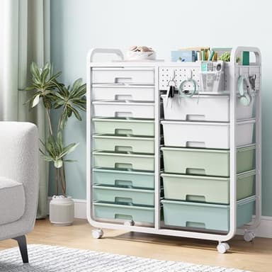 SYKIARIOL 14 Drawer Rolling Cart with Tabletop & DIY Pegboard, Storage Cart with Wheels, Classroom Organizers Utility Cart for Office Home School, Art Supplies, Mobile Craft Organizer, Green - Image 9