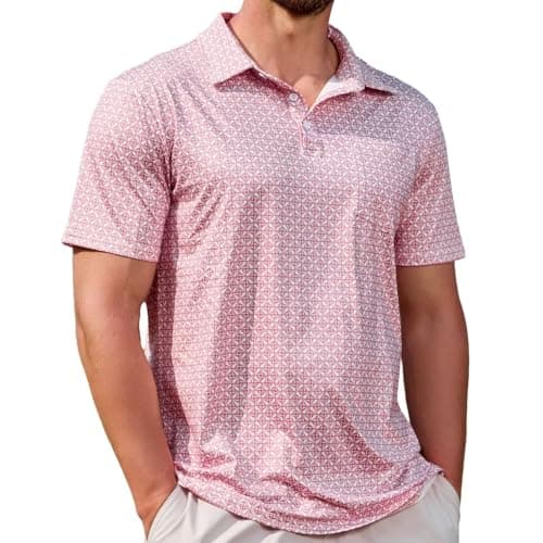 Lexiart Mens Golf Shirt Short Sleeve Dry Fit Print Moisture Wicking Performance Patterns Collared Polo Shirt with Pocket Pink - Image 1