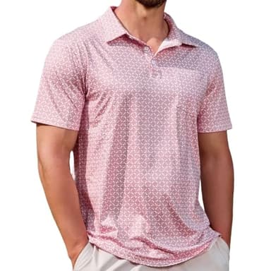 Lexiart Mens Golf Shirt Short Sleeve Dry Fit Print Moisture Wicking Performance Patterns Collared Polo Shirt with Pocket Pink - Image 1
