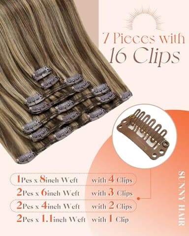 Sunny Hair Clip in Hair Extensions Straight Human Hair Clip in Extensions Remy Clip in Hair Extensions Real Human Hair Extensions Clip ins Full Head Dark Brown Highlights Caramel Blonde 22inch - Image 3