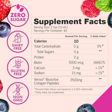 Zena Nutrition Liquid Collagen Peptides and Biotin, 2500mg Verisol Bioactive Collagen Peptides, 5000mcg Biotin, Hair, Skin, Nail Supplement for Women and Men, Mixed Berry, 60 Servings, 20.3 fl oz - Image 6