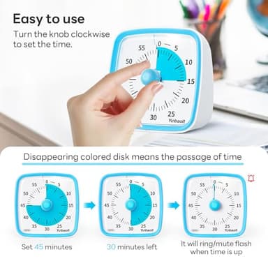 Yunbaoit Visual Timer with Night Light, 60-Minute Countdown Timer for Kids and Adults, Silent Classroom Timer, Time Management Tool for Home, School, or Work (Light Blue) - Image 3