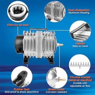 AquaMiracle Aquarium Air Pump Commercial Air Pump with Aluminum Housing, 120W/1750GPH Fish Tank Bubbler Pond Aerator for Aquariums, Ponds, Hydroponics - Image 2