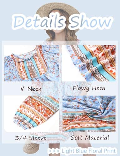 Bluetime Women Casual Summer Dress Boho V Neck 3/4 Sleeve Babydoll Floral Print Flowy Beach Dress (S, Light Blue) - Image 6