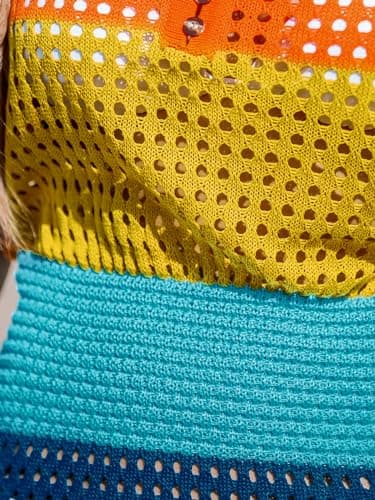 CUPSHE Women's Swimwear Cover Up Crochet Mini Dress V Neck Beachwear Short Sleeve Summer Rainbow Colorblock,L - Image 4