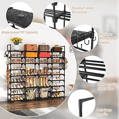 ROJASOP Large Shoe Rack Organizer for Entryway Closet 64-68 Pairs 9-Tier Heavy Duty Tall Garage Shoe Rack Shoe Shelf Shoes Storage with 18 Pcs Removable Side Hooks for Bedroom and Garage Black - Image 5