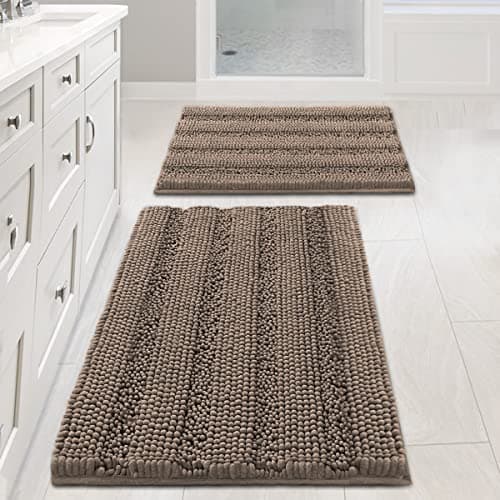 H.VERSAILTEX Bathroom Rugs Sets 2 Piece Non Slip Thick Shaggy Chenille Bathroom Rug Mat Set Extra Soft and Absorbent Striped Floor Rugs, Machine-Washable, Taupe Brown - Image 1
