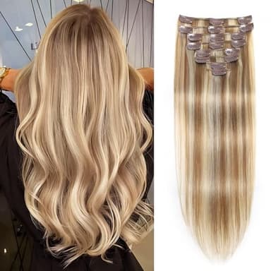 Clip in Hair Extensions Real Human Hair, Seamless Clip ins Real Human Hair for Women, Remy Human Hair Clip in Extensions, Double Weft 8pcs 16 inch Light Blonde Highlighted Golden Blonde - Image 1