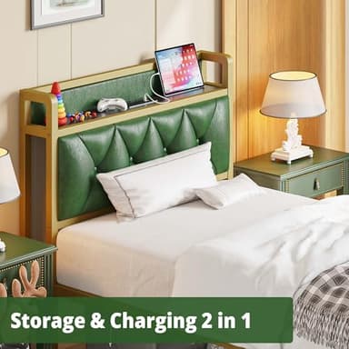 ANCTOR Twin Bed Frames, Storage Headboard with Outlets, Easy to Install, Sturdy and Stable, No Noise, No Box Springs Needed, Emerald - Image 3