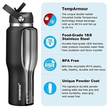 HYDROWION 32oz Stainless Steel Water Bottle(Cold for 48 Hrs, Hot for 24 Hrs),Double Wall Vacuum Insulated Water Bottle with Straw Lid, Spout Lid and Flex Cap, Fit in Any Car Cup Holder,Black - Image 4