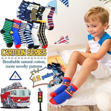 Welwoos Baby Boys Grips Socks Kids Toddlers Infants Non Slip Anti Skid Funny Animal Cartoon Gift Cotton Socks with Grippers 12 Pairs Stocking Stuffers (Dinosaur/Cars/Shark,3-5 Y) - Image 3