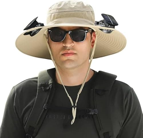 Outdoor Wide Brim Sun Hat with 2 Solar Fan Sun Bucket Hat for Men Women UPF 50+ Bucket Fishing & Beach Hat with Fan Built in (US, Alpha, Medium, XX-Large, A Khaki) - Image 1