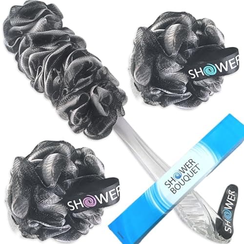 SHOWER BOUQUET Loofah-Charcoal Back-Scrubber & Bath-Sponge Set // 1 Long-Handle-Back-Brush Plus 2 Extra Large 75g Soft Mesh Loofa-Lufa-Loufa Puff Poufs, Men & Women - Exfoliate with Full Pure Cleanse - Image 1