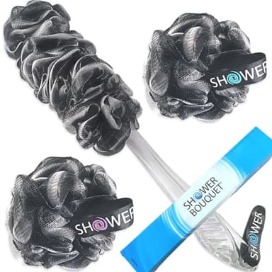 SHOWER BOUQUET Loofah-Charcoal Back-Scrubber & Bath-Sponge Set // 1 Long-Handle-Back-Brush Plus 2 Extra Large 75g Soft Mesh Loofa-Lufa-Loufa Puff Poufs, Men & Women - Exfoliate with Full Pure Cleanse - Image 1