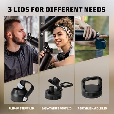 ONETIGRIS 32 oz Insulated Water Bottle with Straw - Tactical Stainless Steel Water Jug, Leakproof Thermos Wide Mouth Sport bottle with 3 Lids and Sleeve for Travel, Gym, Camping, Hiking - Image 3