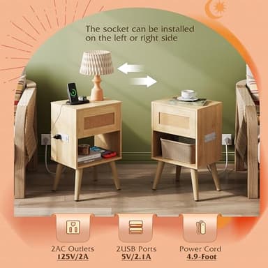 WLIVE Rattan Nightstand with Charging Station, Boho Night Stand, Small Bedroom Side Table, End Table with Drawer and Storage, Wood Bedside Tables for Bedroom, Small Spaces, Natural Oak - Image 5