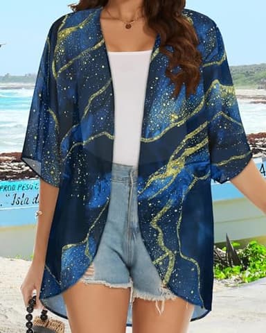 Kimonos for Women Beach Cover Ups Hawaiian Shirts Sheer Cardigan Loose Summer Tops (Blue Gradient Stars,M) - Image 5