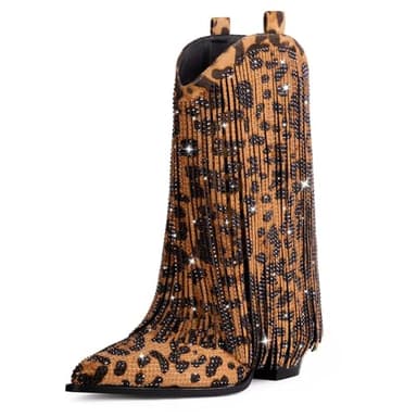 Ouepiano Cowboy Boots for Women - Cowgirl Rhinestone Boots with Sparkly Fringe Pointed Toe Western Boot Chunky Heel Pull-On Wide Calf Leopard Botas Vaqueras Size 7.5 - Image 1