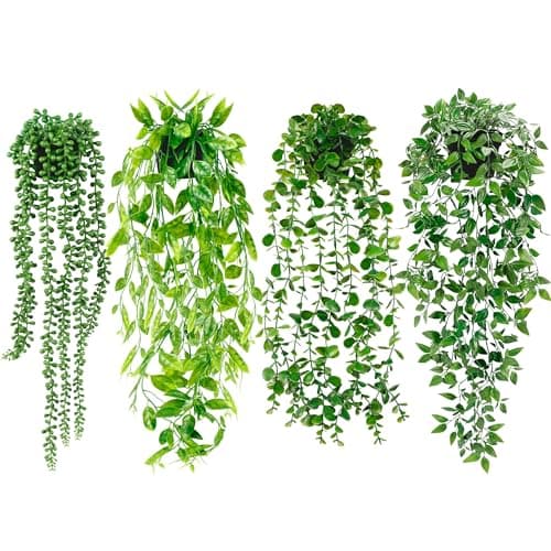 Artificial Hanging Plants for Shelf, 4 Pack Fake Potted Greenery Faux Eucalyptus Vine, Mandala Vine, String of Pearls,Pea pod Leaves in Pot for Office Living Room Bathroom Indoor Outdoor Décor - Image 1