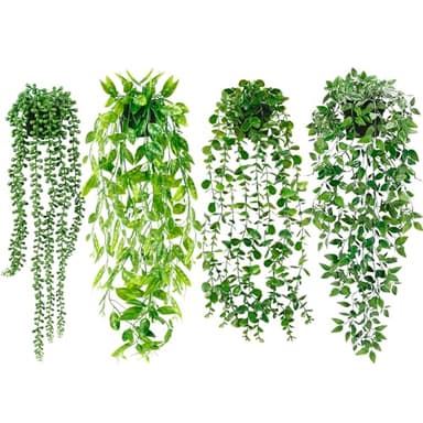 Artificial Hanging Plants for Shelf, 4 Pack Fake Potted Greenery Faux Eucalyptus Vine, Mandala Vine, String of Pearls,Pea pod Leaves in Pot for Office Living Room Bathroom Indoor Outdoor Décor - Image 1
