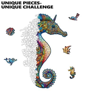 Mys Aurora Unique Wooden Jigsaw Puzzles - Unicorn Seahorse, 300 Pcs King Size 11.4" x 17.9", Animal Shaped Wood Puzzle, Beautiful Package, Best Gift for Adults and Kids, Family Game - Image 3