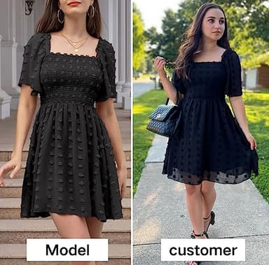 EXLURA Women's 2025 Summer Casual Square Neck Dresses Ruffle Short Sleeve Swiss Dot Flowy Mini Dress Black - Image 2