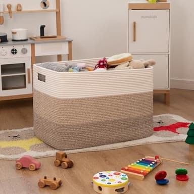 OIAHOMY 108L Super Large Blanket Basket, 25”x16”x16”(108L) Rectangle Woven Baskets for Storage, Cotton Rope Basket For Living Room, Toy Storage with Handle- Gradient Brown - Image 3