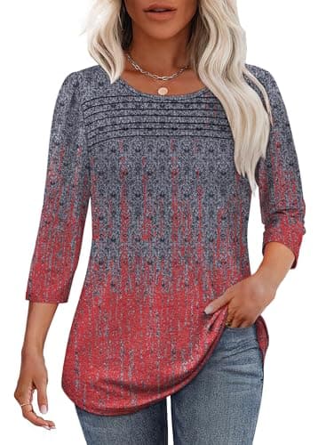 Womens Summer Tops 3/4 Length Sleeve Tshirts Shirts Plus Size Fashion Trendy Cute Tie-Dye Blouses Beach Fashion Charcoal Red XL - Image 1