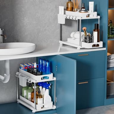 VERIFOST 2 Pack Under Sink Organizers and Storage, Double Sliding Kitchen Cabinet Organizer, 2 Tier Height Adjustable Countertop Organizer for Kitchen Bathroom Laundry, White - Image 7