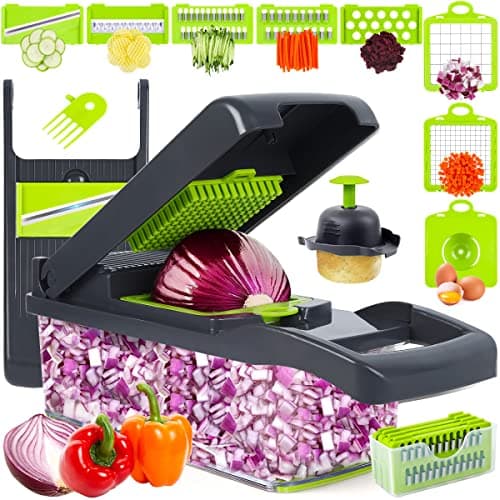 Vegetable Chopper Mandoline Slicer,Veggie Chopper, Multifunctional 10 in 1 Food Choppers, Kitchen Vegetable Slicer Dicer Cutter,Onion Mincer,Cheese,Colander Basket,Kitchen Gadgets (Gray/Green) (Grey) - Image 1