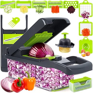 Vegetable Chopper Mandoline Slicer,Veggie Chopper, Multifunctional 10 in 1 Food Choppers, Kitchen Vegetable Slicer Dicer Cutter,Onion Mincer,Cheese,Colander Basket,Kitchen Gadgets (Gray/Green) (Grey) - Image 1