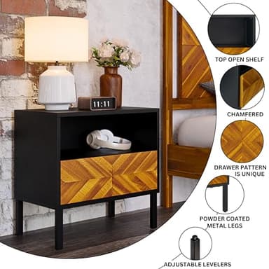 Bme Vivian Solid Wood Nightstand, End Table, Bedside Table with Herringbone Pattern for Rustic Bedroom, Easy Assembly, Rustic Golden Brown and Black - Image 4