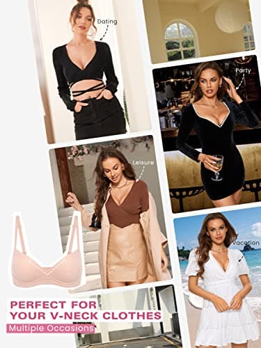 DOBREVA Women's Push Up Bra No Underwire Comfortable Wireless Bras Padded Plunge Blush Beige 32C - Image 6