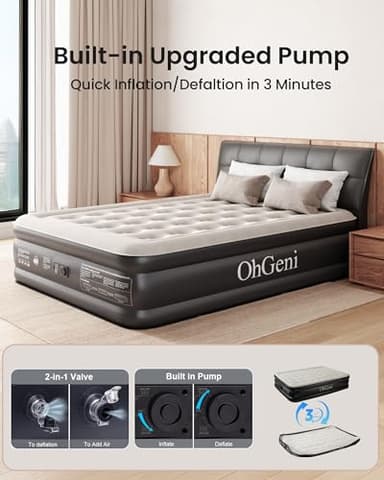 OhGeni Queen Air Mattress with Built in Pump, Inflatable Mattress Blow Up Bed 18 Raised Comfort,Upgraded Surface Portable Mattress, Air Bed for Camping, Home and Guest, Colchone Inflable, 650 lbs Max - Image 3