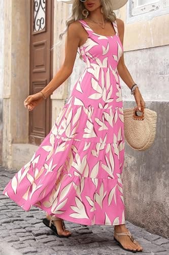 PRETTYGARDEN Women's Summer Floral Maxi Dress Sleeveless Smocked Ruffle Long Flowy Beach Vacation Boho Sundresses (Floral Pink Beige,Large) - Image 8
