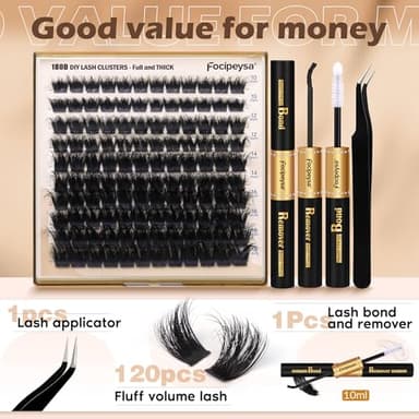 Eyelash Extension Kit Thick Lash Clusters Kit 10-18mm Volume Clusters Lashes 180D Individual Eyelashes Kit with Lash Bond, Lash Remover, Lash Applicator DIY Lash Extension by Focipeysa - Image 4